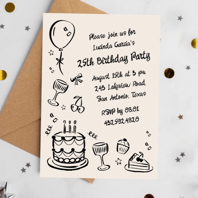 25th Whimsical Doodle Handwritten Birthday Party Invitation (scribble-style birthday party invitation for adults)