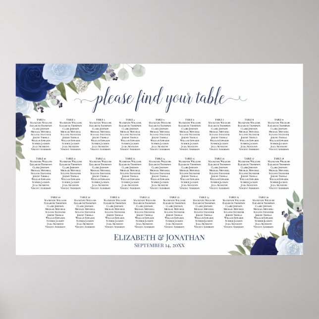 26 Table Blue Boho Roses Wedding Seating Chart (Front)