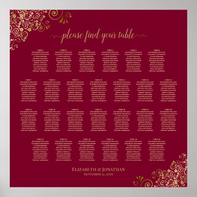 26 Table Burgundy and Gold Wedding Seating Chart (Front)