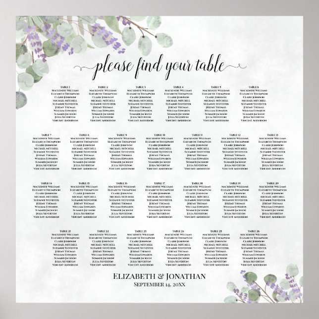 26 Table Lavender Eucalyptus Wedding Seating Chart (Front)