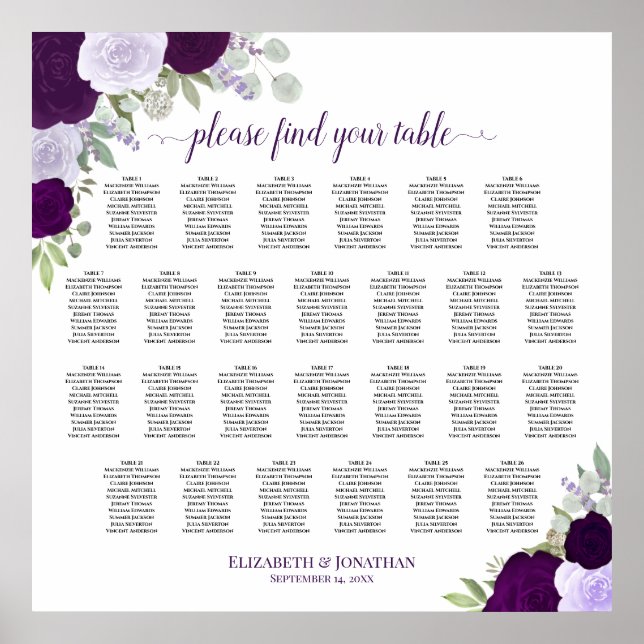 26 Table Purple Boho Roses Wedding Seating Chart (Front)