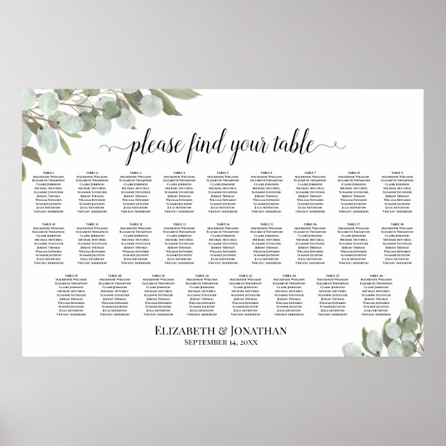 26 Table Rustic Eucalyptus Wedding Seating Chart (Front)