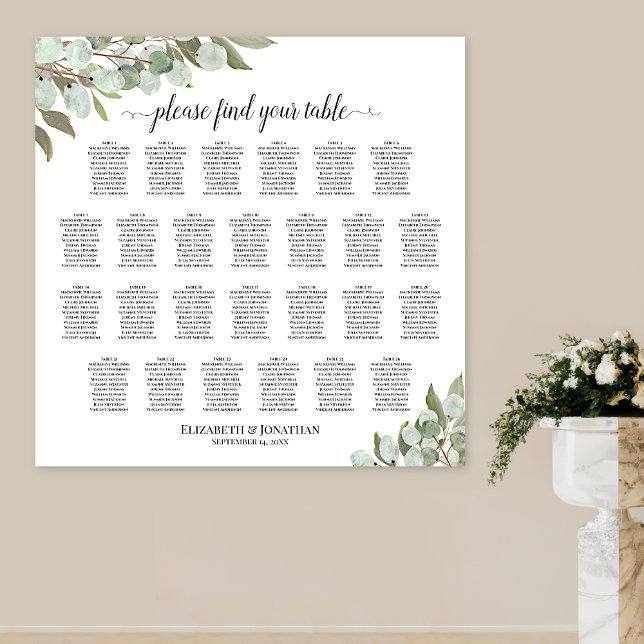 26 Table Rustic Eucalyptus Wedding Seating Chart (In Situ on Wall with Pedestal Vase)