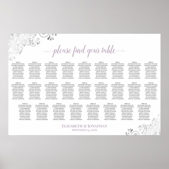 26 Table Seating Chart Lavender & Silver on White (Front)
