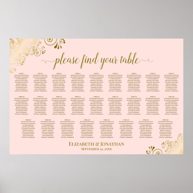 26 Table Wedding Seating Chart Blush Pink & Gold (Front)