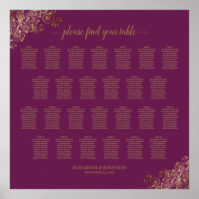 26 Table Wedding Seating Chart Cassis Purple Gold (Front)