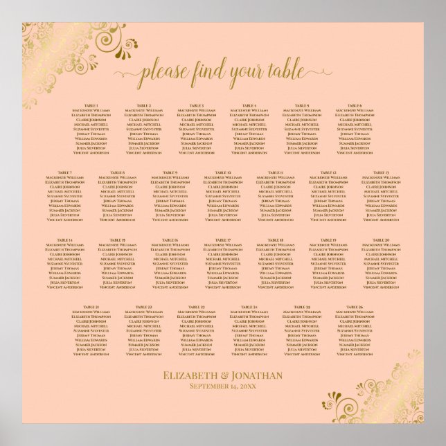 26 Table Wedding Seating Chart Coral Peach & Gold (Front)