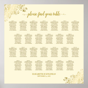 26 Table Wedding Seating Chart Cream & Gold Frills