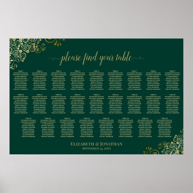 26 Table Wedding Seating Chart Emerald Green Gold (Front)