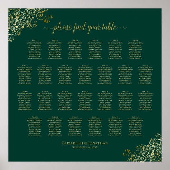 26 Table Wedding Seating Chart Emerald Green Gold (Front)