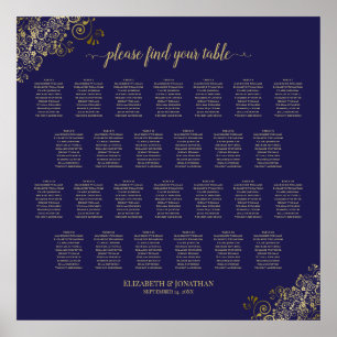26 Table Wedding Seating Chart Navy Blue & Gold