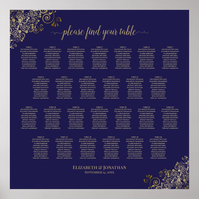 26 Table Wedding Seating Chart Navy Blue & Gold (Front)