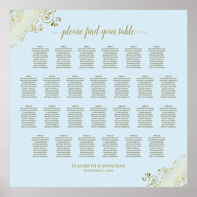 26 Table Wedding Seating Chart Powder Blue & Gold (Front)