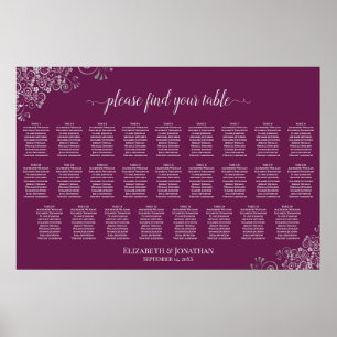 26 Table Wedding Seating Chart Silver on Magenta
