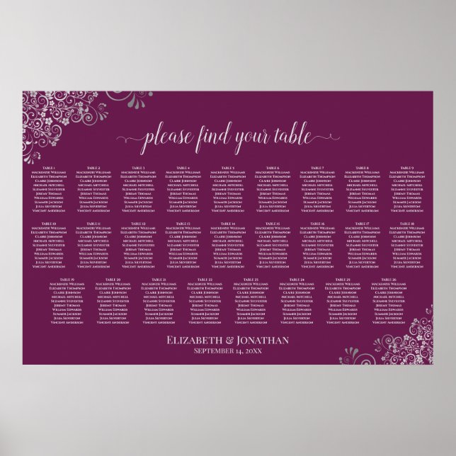 26 Table Wedding Seating Chart Silver on Magenta (Front)