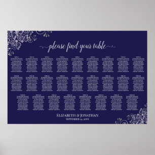 26 Table Wedding Seating Chart Silver on Navy Blue