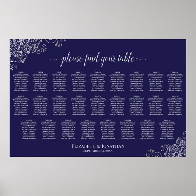 26 Table Wedding Seating Chart Silver on Navy Blue (Front)