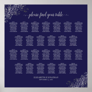 26 Table Wedding Seating Chart Silver on Navy Blue