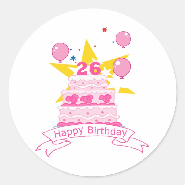 26 Year Old Birthday Cake Classic Round Sticker (Front)