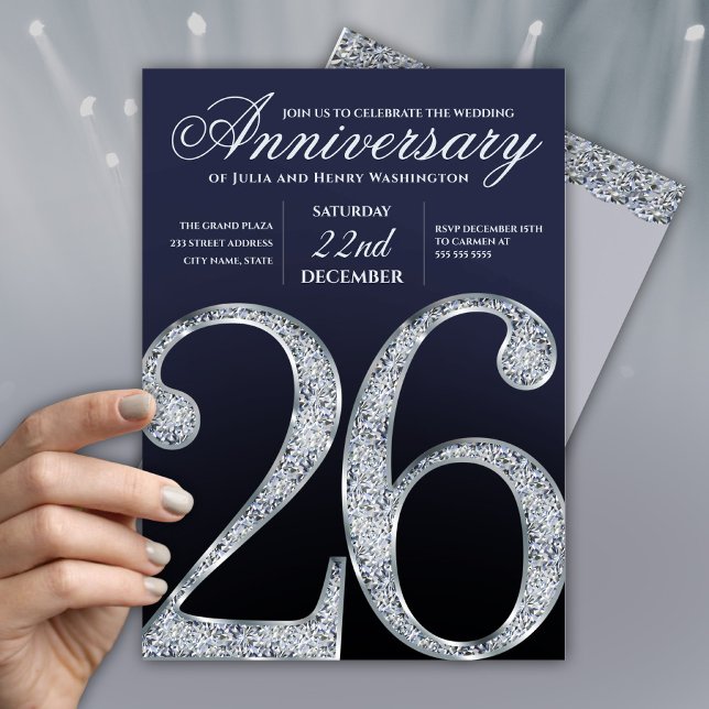 26th Anniversary Diamond Silver Dark Blue Years Invitation (Creator Uploaded)