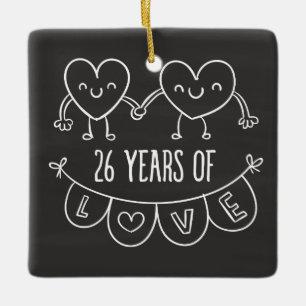 26th Anniversary Gift Chalk Hearts Ceramic Tree Decoration