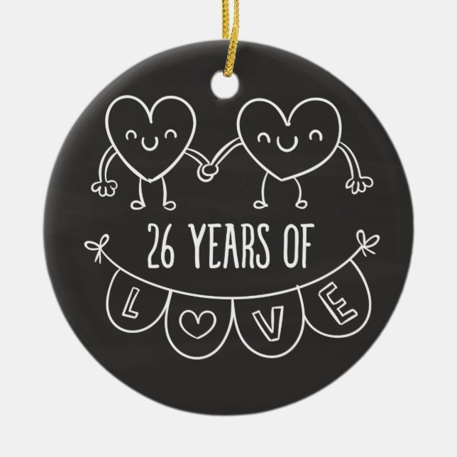 26th Anniversary Gift Chalk Hearts Ceramic Tree Decoration (Front)