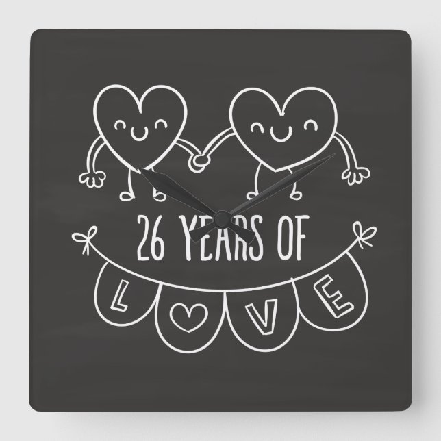 26th Anniversary Gift Chalk Hearts Square Wall Clock (Front)