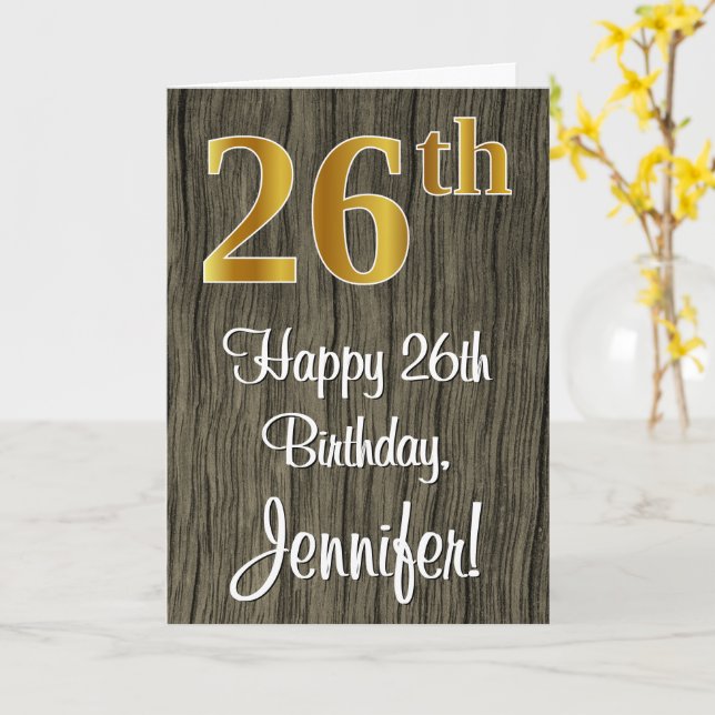 26th Birthday: Elegant Faux Gold Look #, Faux Wood Card (Yellow Flower)