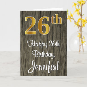 26th Birthday: Elegant Faux Gold Look #, Faux Wood Card