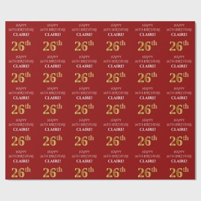 26th Birthday: Elegant, Red, Faux Gold Look Wrapping Paper (Flat)