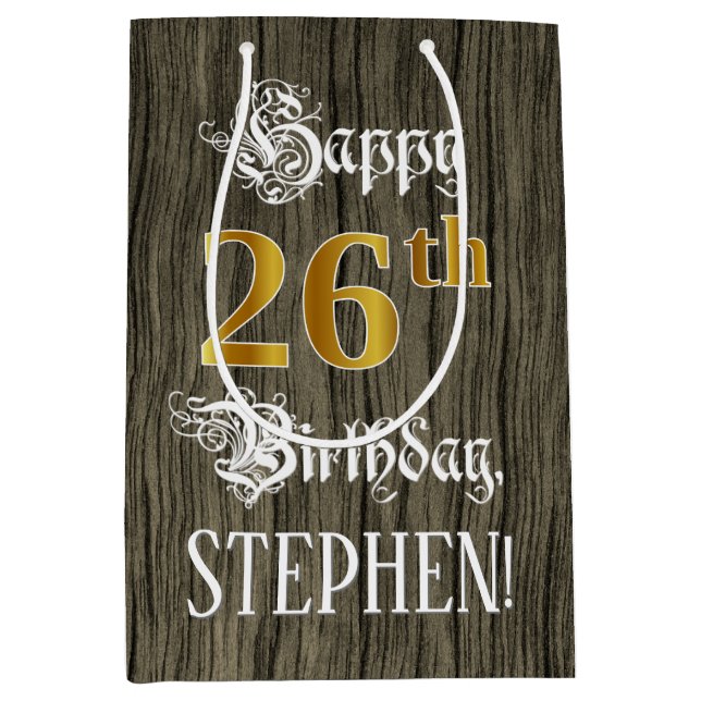 26th Birthday: Faux Gold Look & Faux Wood Pattern Medium Gift Bag (Front)