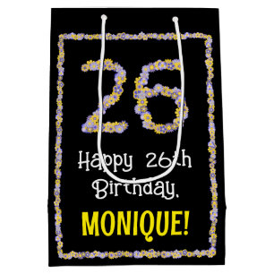 26th Birthday: Floral Flowers Number, Custom Name Medium Gift Bag