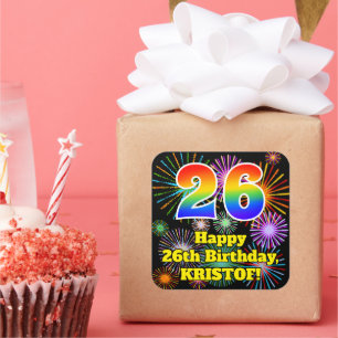 26th Birthday: Fun Fireworks Look, Rainbow # 26 Square Sticker