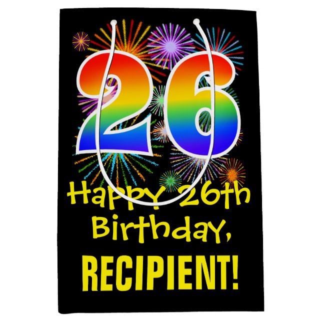 26th Birthday: Fun Fireworks Pattern + Rainbow 26 Medium Gift Bag (Front)