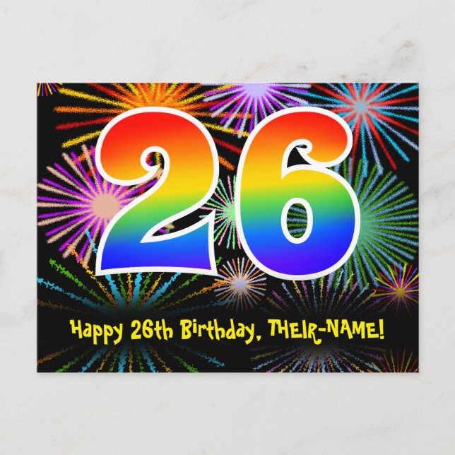 26th Birthday – Fun Fireworks Pattern + Rainbow 26 Postcard (Front)