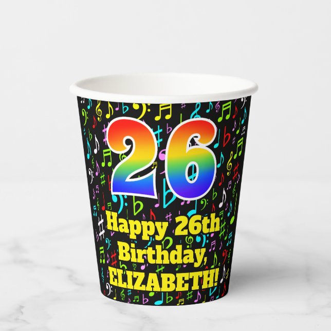 26th Birthday: Fun Music Notes Pattern, Rainbow 26 Paper Cups (Front)