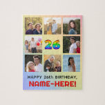 26th Birthday: Fun Rainbow #, Custom Name & Photos Jigsaw Puzzle<br><div class="desc">This upbeat and fun birthday themed jigsaw puzzle design features the number “26“ with a vibrant multicolored rainbow spectrum inspired gradient pattern, along with the message “HAPPY 26th BIRTHDAY, ” and a personalised recipient name. The background also features a rainbow spectrum inspired gradient pattern, made up of various shades of...</div>
