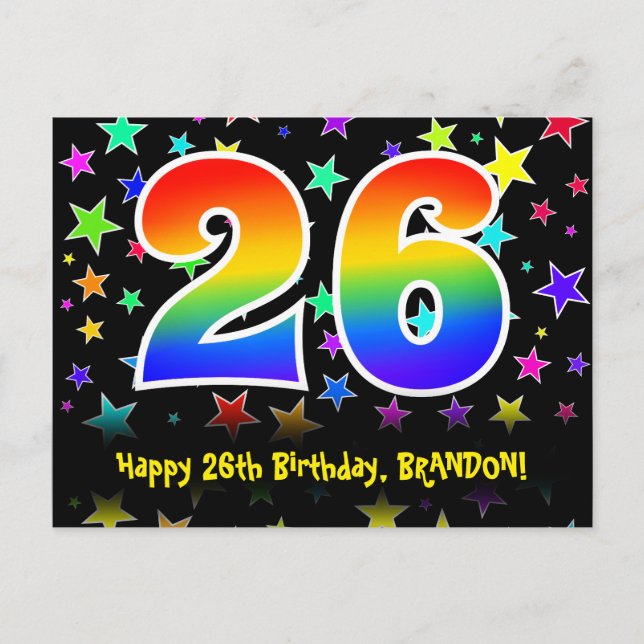 26th Birthday: Fun Stars Pattern, Rainbow 26, Name Postcard (Front)