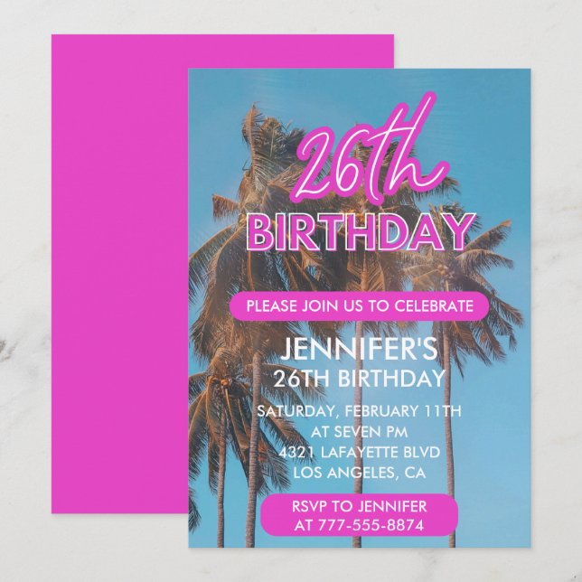 26th birthday invitation Summer Pink Palm tree (Front/Back)