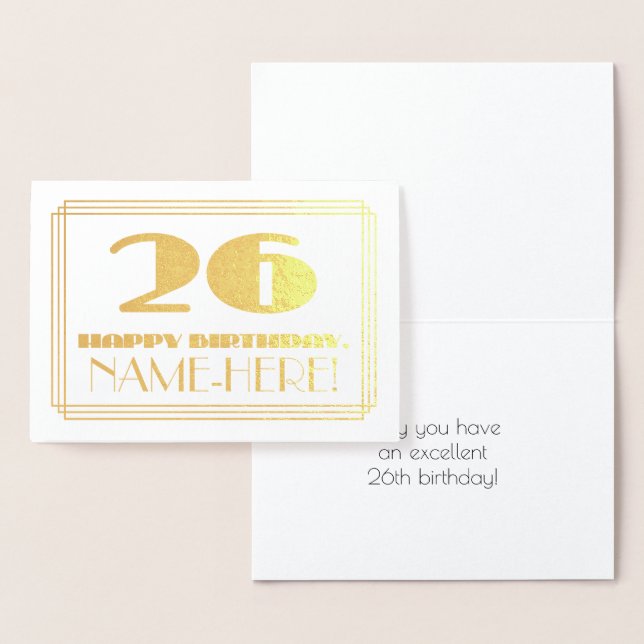 26th Birthday; Name + Art Deco Inspired Look "26" Foil Card (Display)