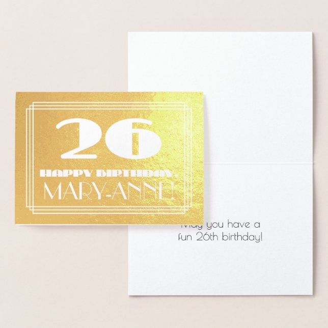 26th Birthday: Name + Art Deco Inspired Look "26" Foil Card (Display)