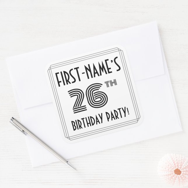 26th Birthday Party: Art Deco Style + Custom Name Square Sticker (Envelope)