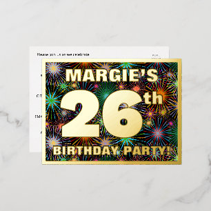 26th Birthday Party: Bold, Colorful Fireworks Look Foil Invitation Postcard