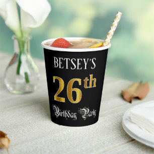 26th Birthday Party — Fancy Script, Faux Gold Lo Paper Cups