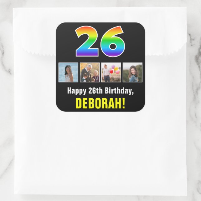 26th Birthday: Rainbow “26”; Custom Photos & Name Square Sticker (Bag)