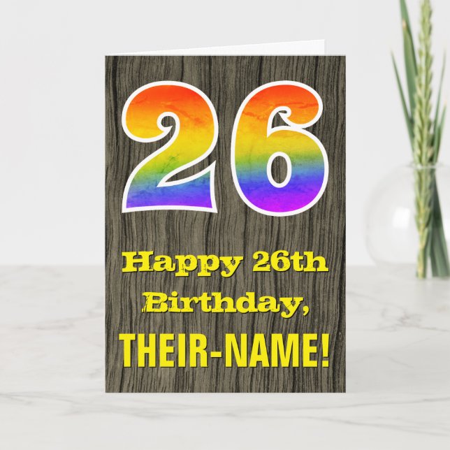 26th Birthday: Rustic Faux Wood Look, Rainbow "26" Card (Front)