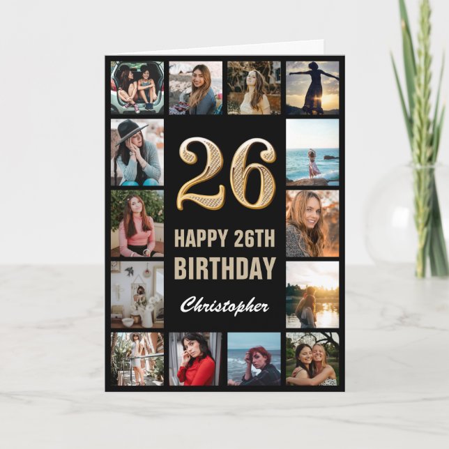 26th Happy Birthday Black and Gold Photo Collage Card (Front)