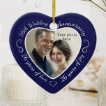26th Wedding Anniversary Photo Ceramic Tree Decoration<br><div class="desc">Celebrate a 26th happy year of marriage with a custom photo ornament in a delightful heart shape frame. Simply upload your own photo of the married couple and it will appear in the cutout. The indigo blue surround features a white script font and decorations. The words are: 26th Wedding Anniversary...</div>
