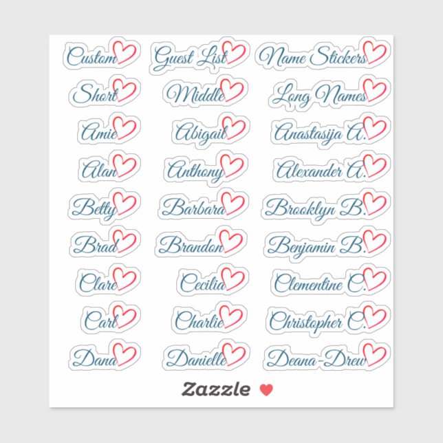 27 Custom Guest List Names Blue Red Heart   (Sheet)