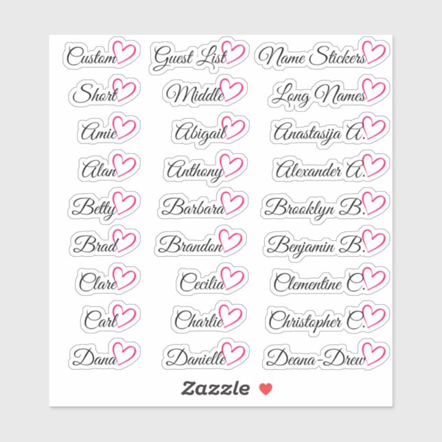 27 Custom Guest List Names Bright Pink Heart   (Sheet)